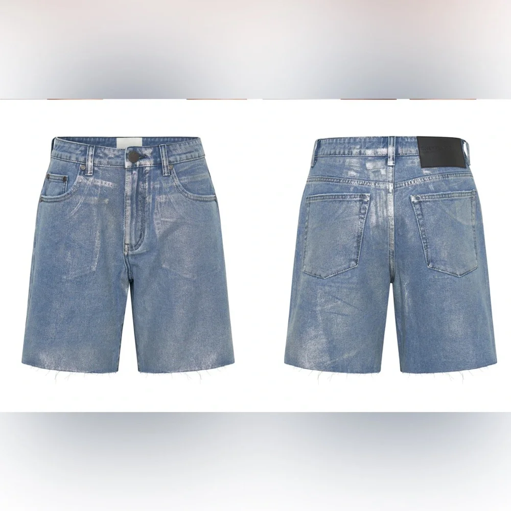 One Teaspoon Blue Future Jackson Mid Rise Silver Coated Wide Leg Denim Shorts 25